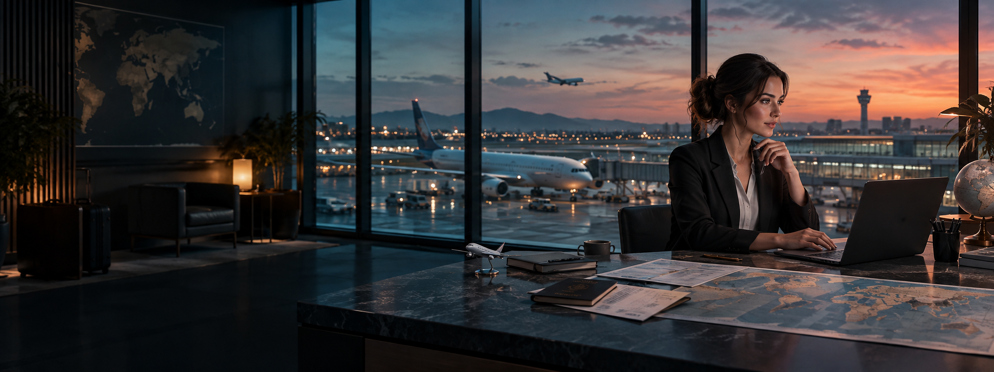 Travel consultant planning a customer itinerary near a modern airport terminal